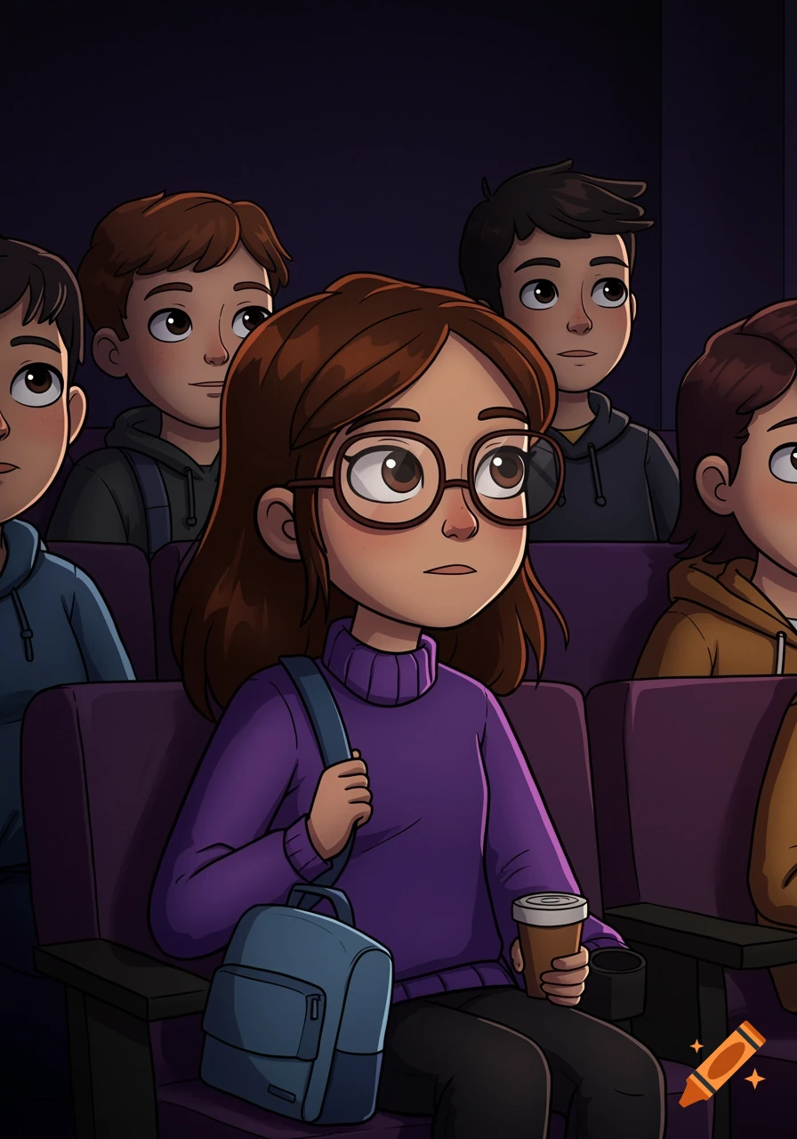Animated girl with classmates watching a movie in a dark theatre