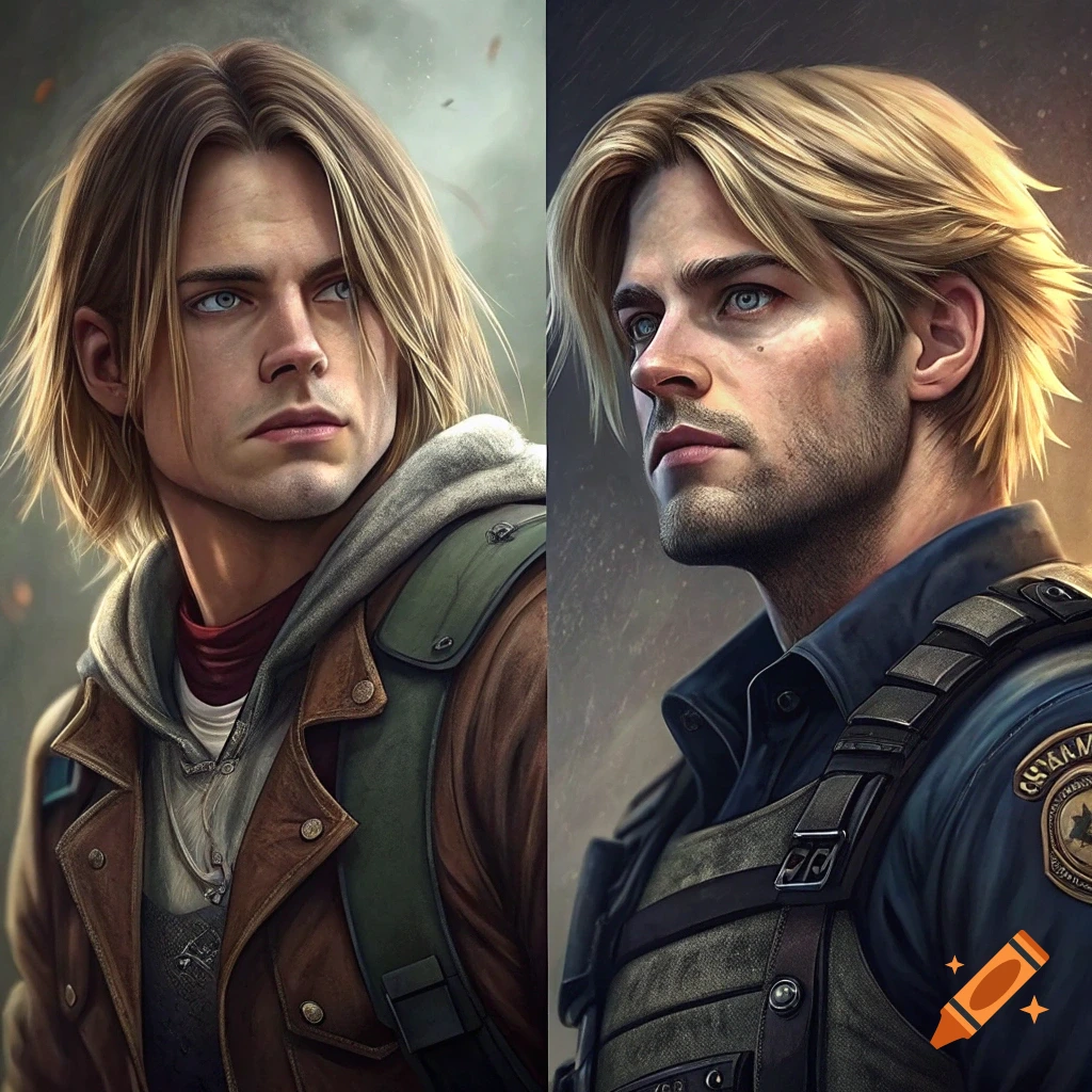Two realistic portraits of men with blond hair, one in a brown jacket, the other in a dark vest.