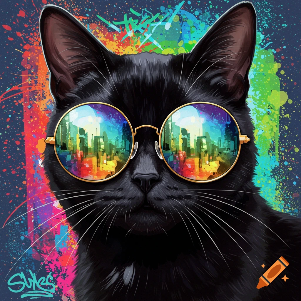 A black cat wears sunglasses reflecting a city, set against colorful paint splatters.