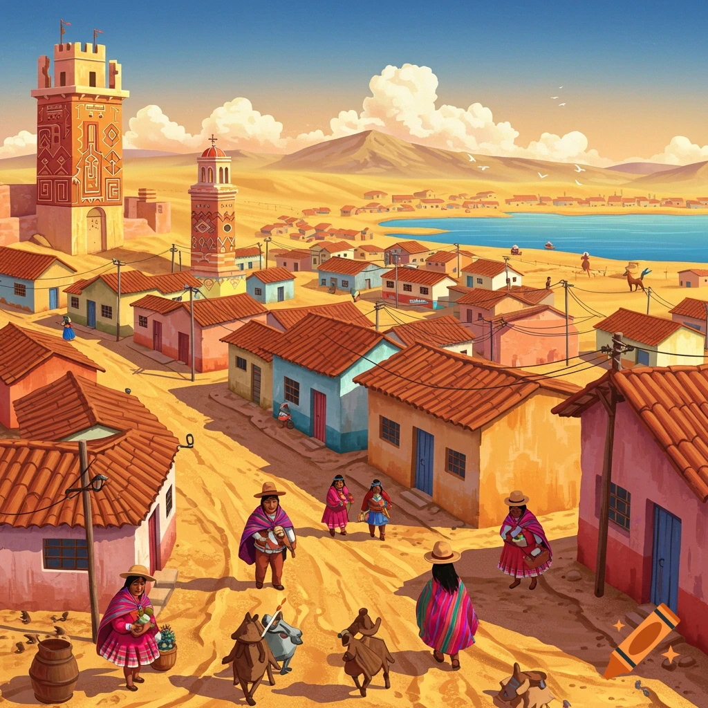Illustration of a colorful village in a desert valley by a lake with people in traditional clothing and animals.