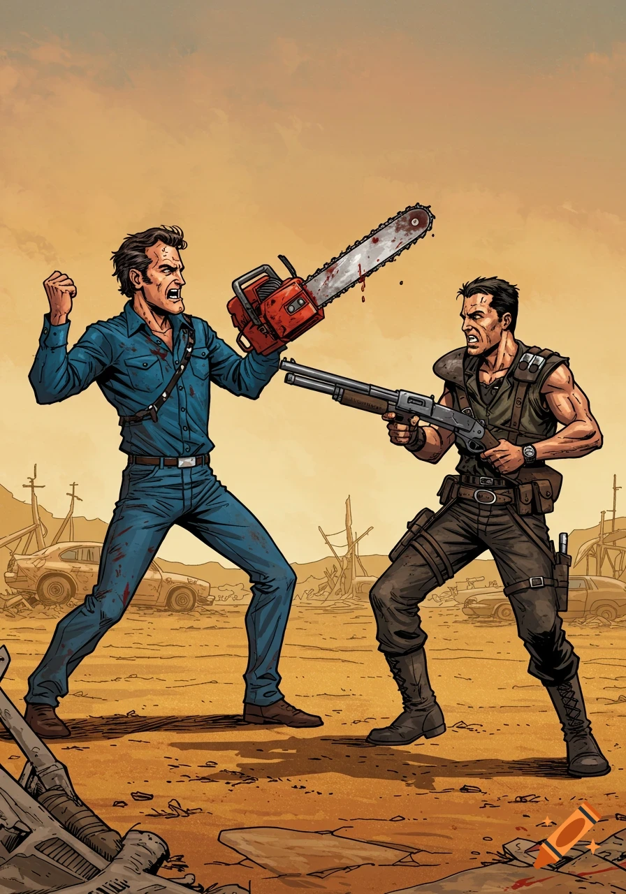Comic art of Ash from Evil Dead fighting Mad Max in a desert landscape.
