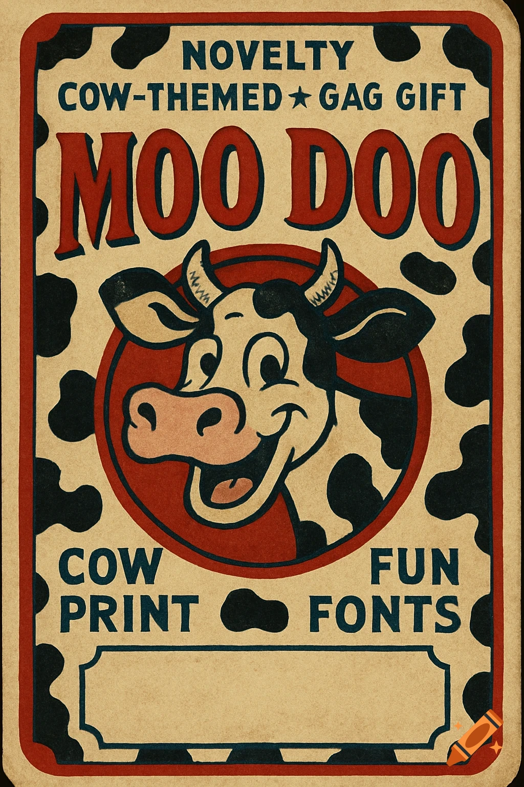 Vintage label for 'MOO DOO' featuring a cartoon cow and cow print pattern