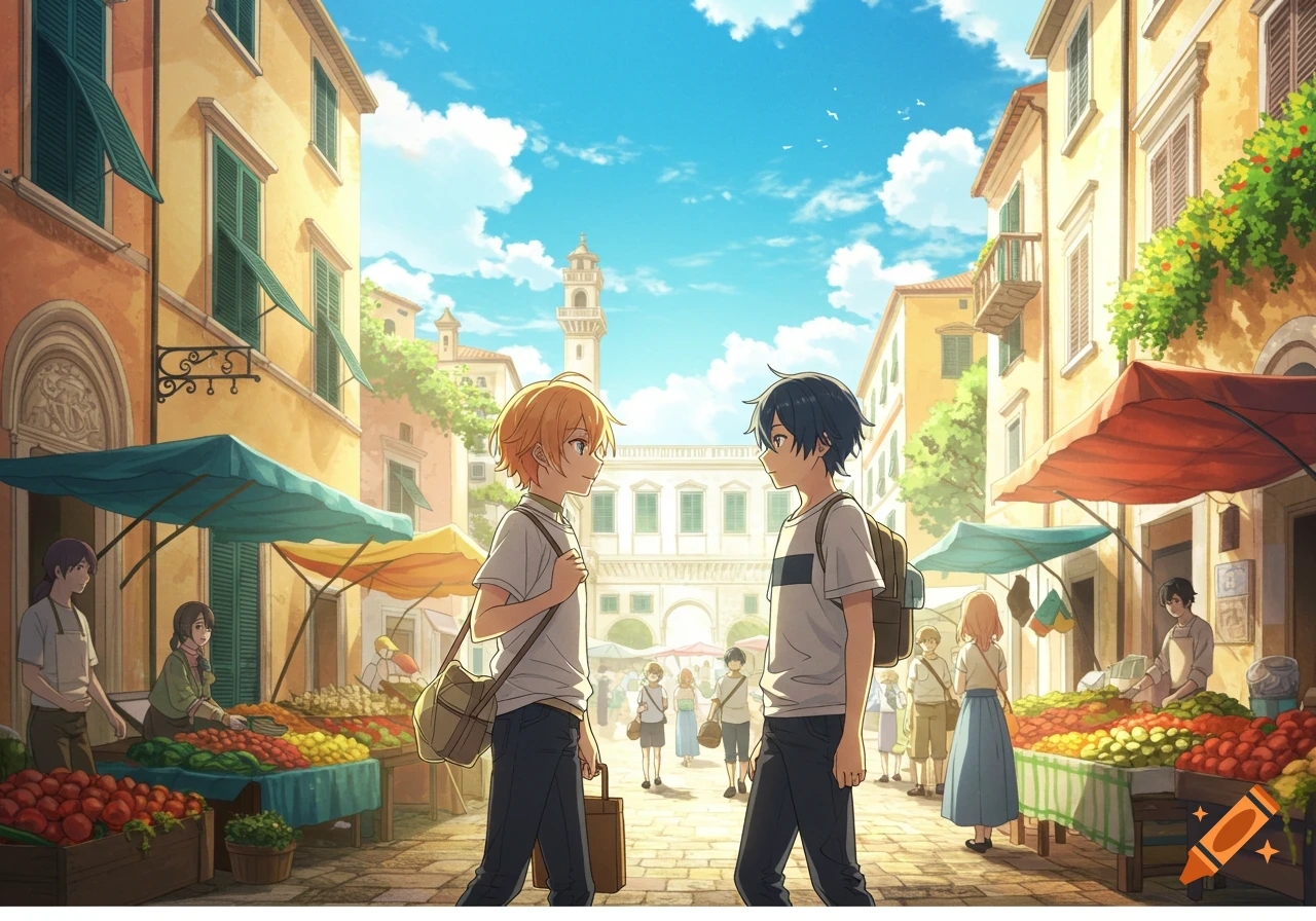 Two anime boys meet in a bustling Italian market under a blue sky.