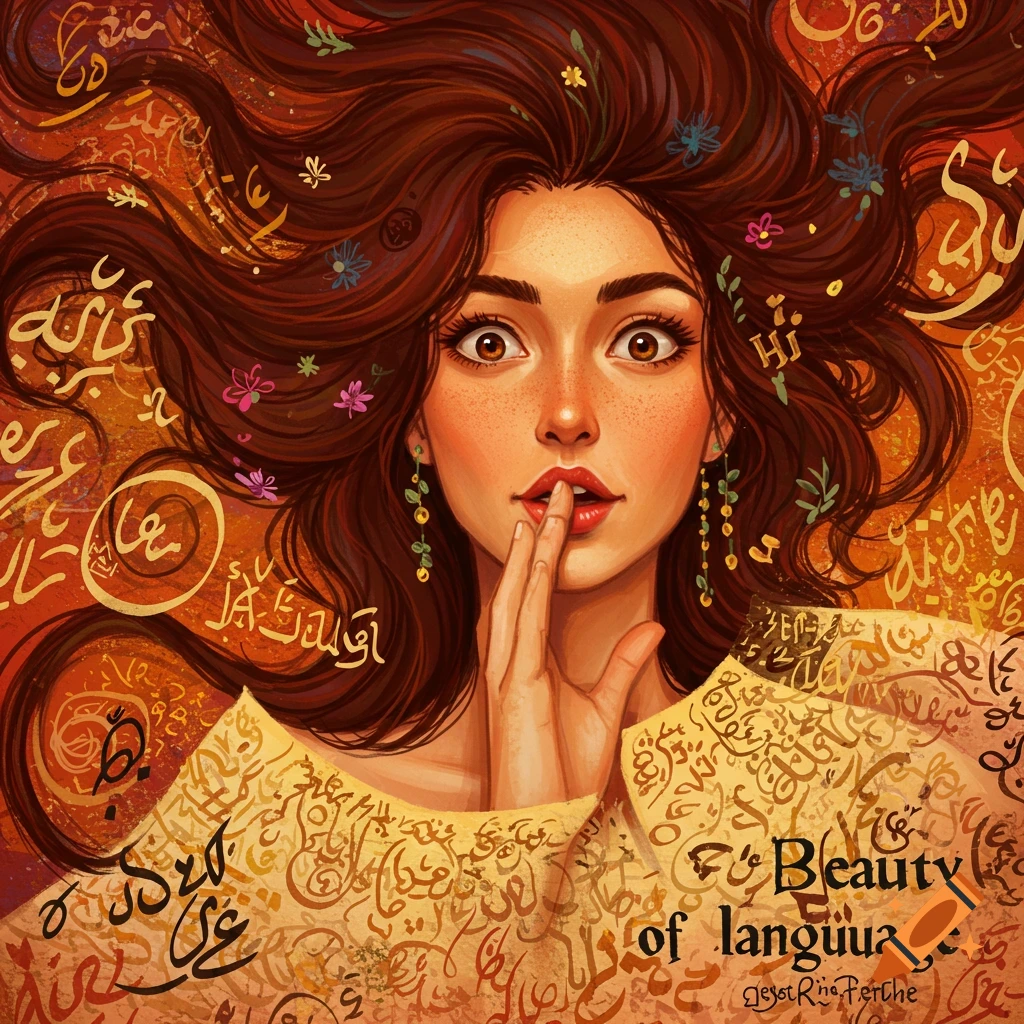 Artistic portrait of a woman with flowing hair, flowers, and calligraphy text including "Beauty of language".
