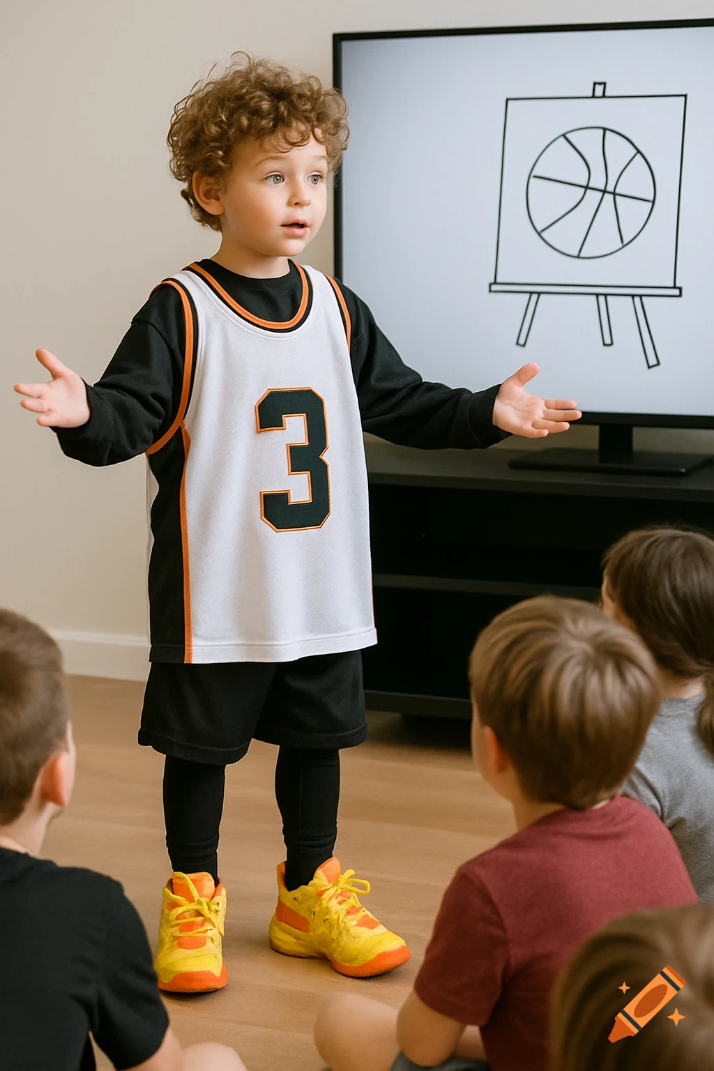 Young boy in basketball jersey presenting drawing on TV to seated children.