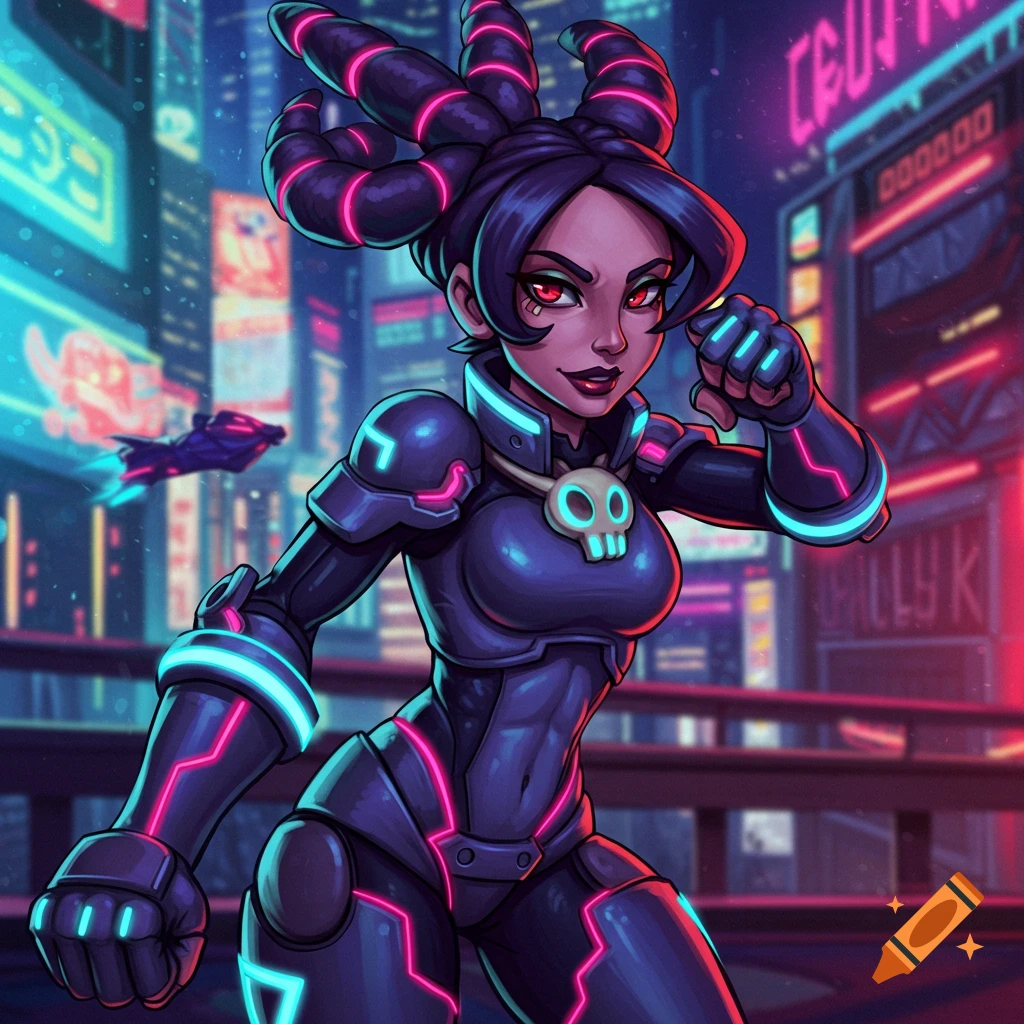 Cyberpunk fighter woman in armored suit with glowing accents in a neon cityscape.