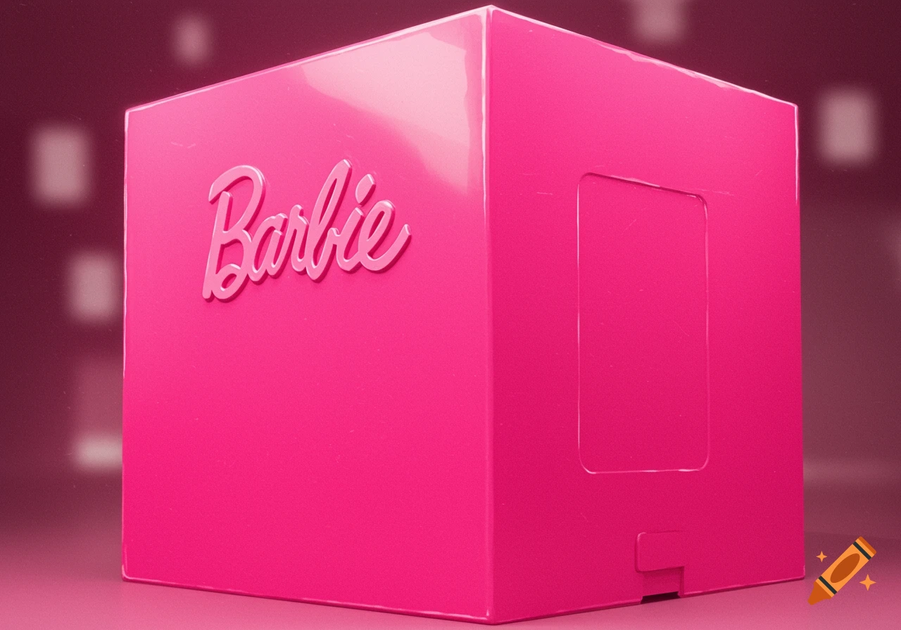 A large pink box with the Barbie logo on the side.