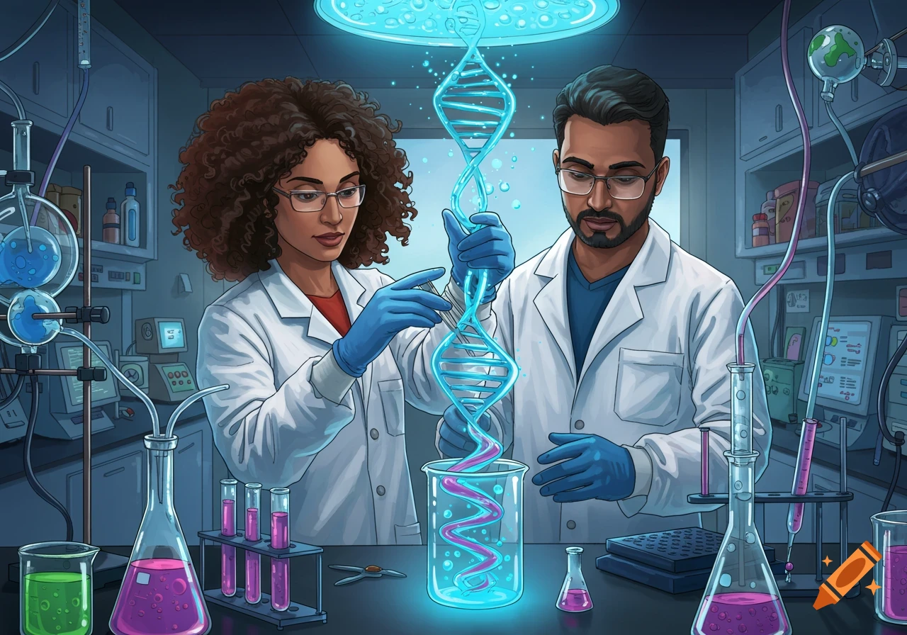 Two scientists in a lab working with a glowing DNA helix