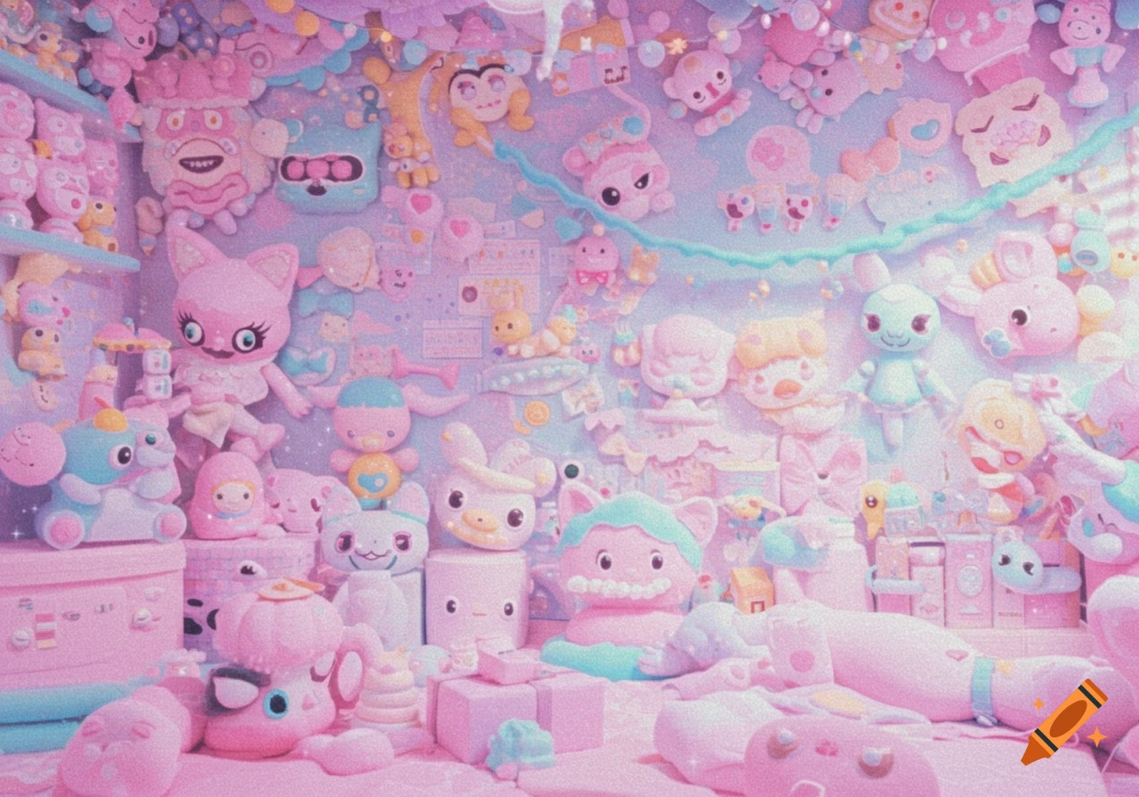 A cluttered room filled with pastel pink and blue plush toys and cute objects.