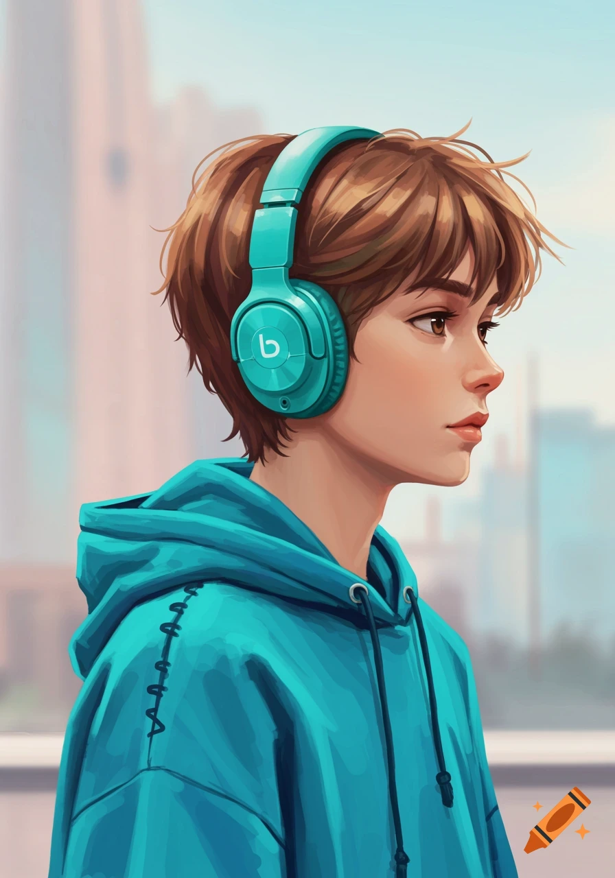 Illustrated portrait of a boy wearing cyan headphones and a hoodie.