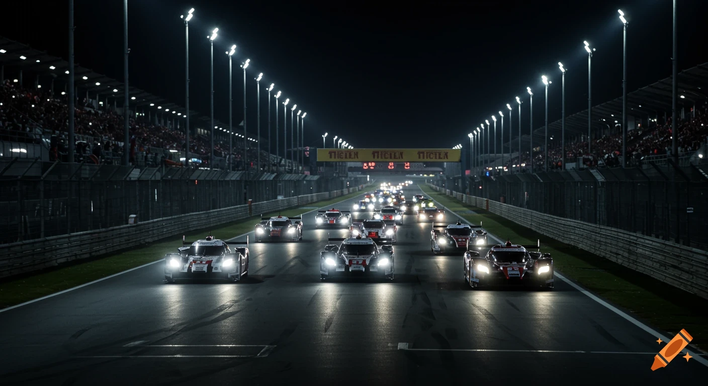 Racing cars lined up on a track at night under stadium lights
