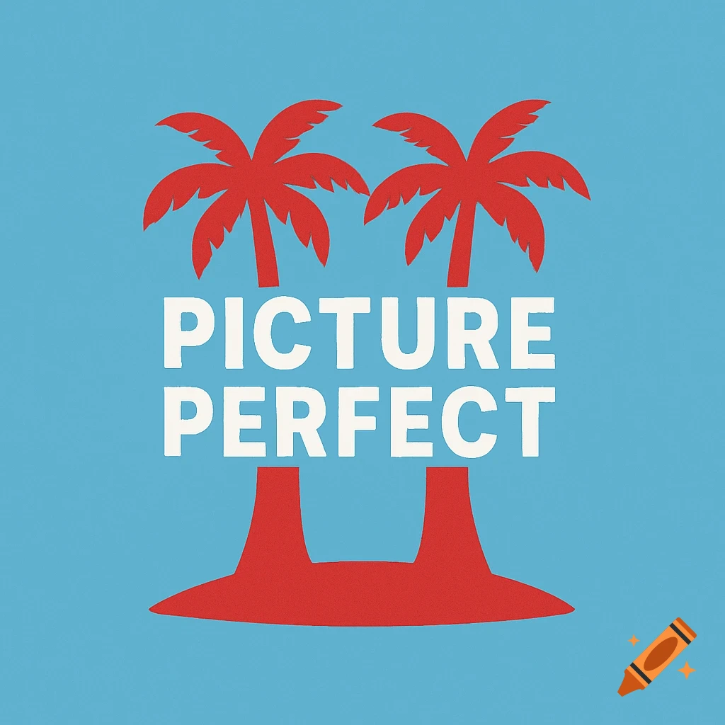 A minimalist logo featuring red palm trees and island shapes with white text 'PICTURE PERFECT' on a sky blue background.
