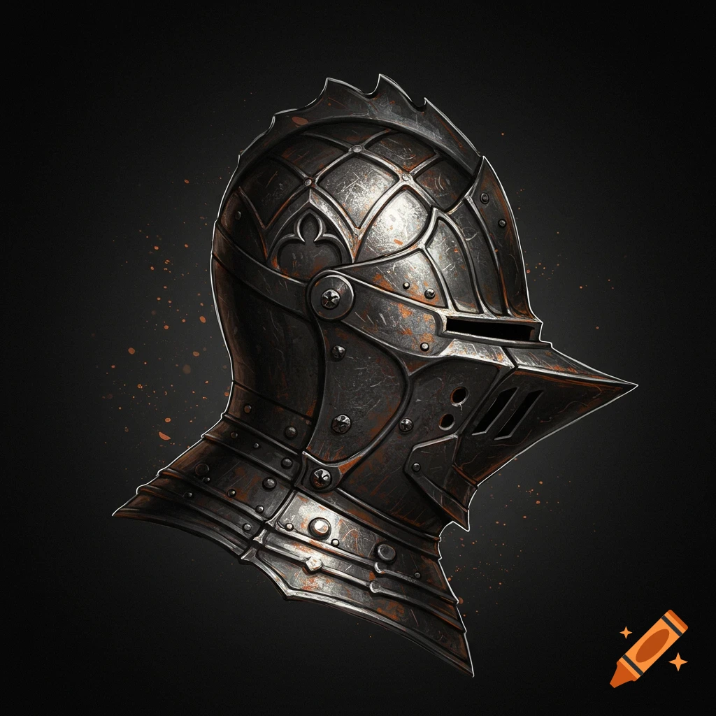 A detailed dark metal knight helmet with rivets and ornate patterns.