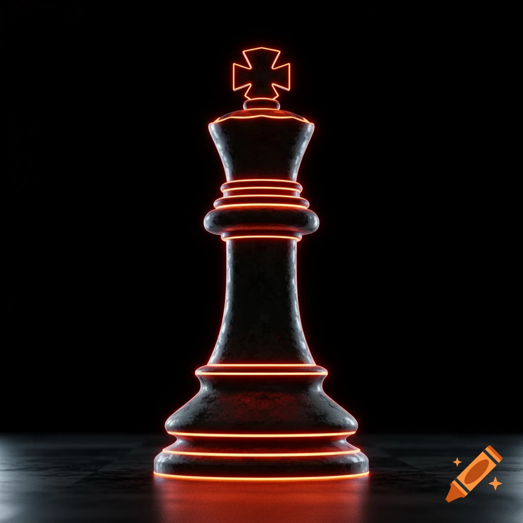 A black chess king piece outlined in bright orange neon light, standing on a dark reflective surface.