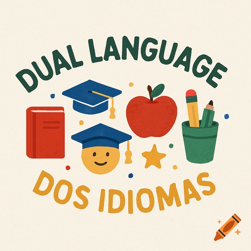 Text 'Dual Language' and 'Dos Idiomas' with illustrations of school items like books, graduation caps, apple, and pencils in a textured style.