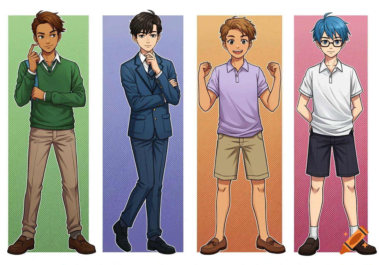 Four anime-style boys in different outfits standing horizontally.