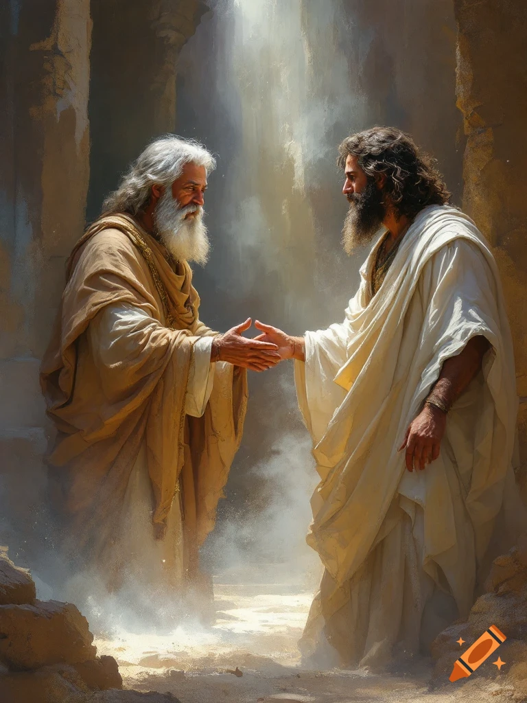 Two figures like God and Moses shake hands in a dusty, ancient setting, painting style.