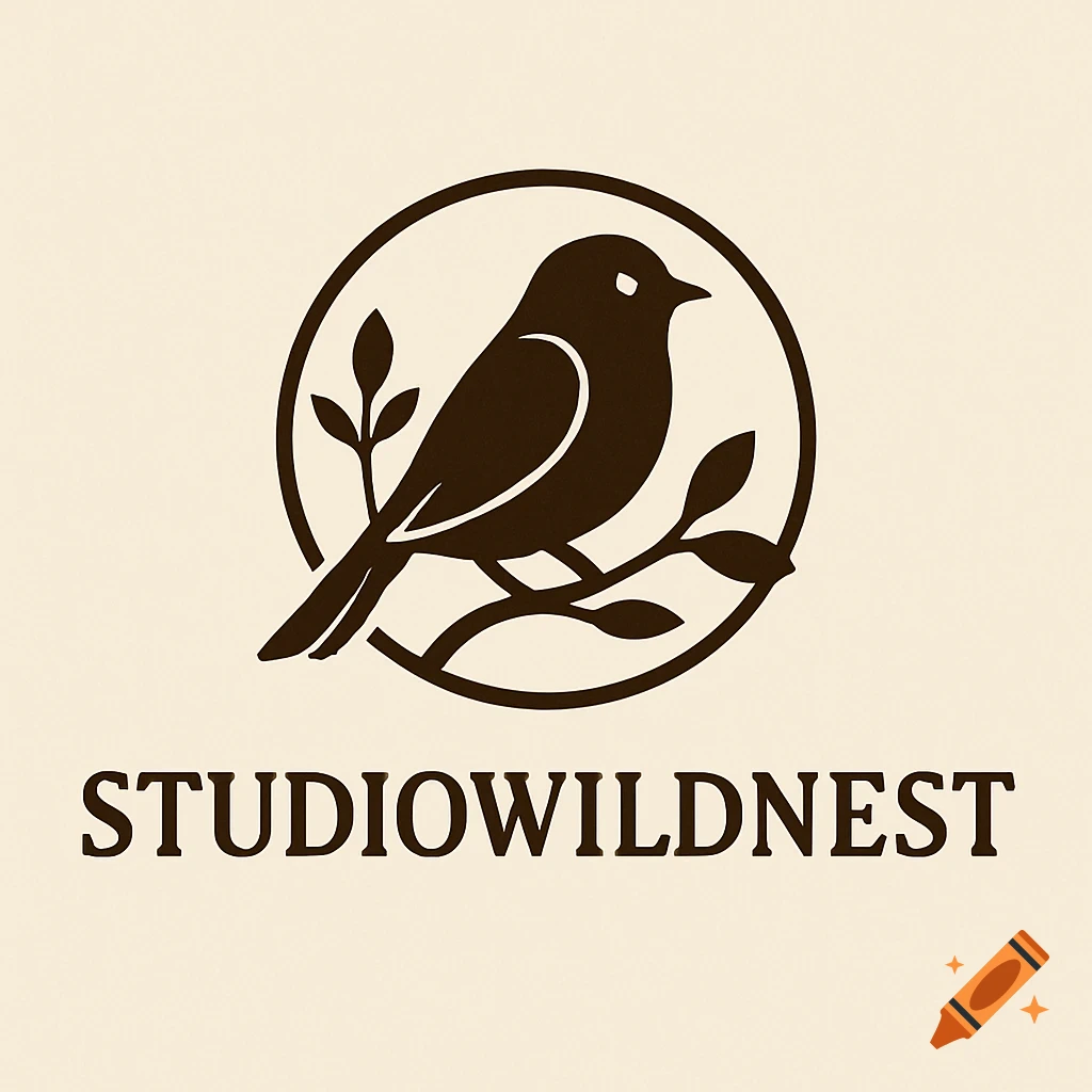 Logo with stylized brown bird on branch in circle, text STUDIO WILDNEST below