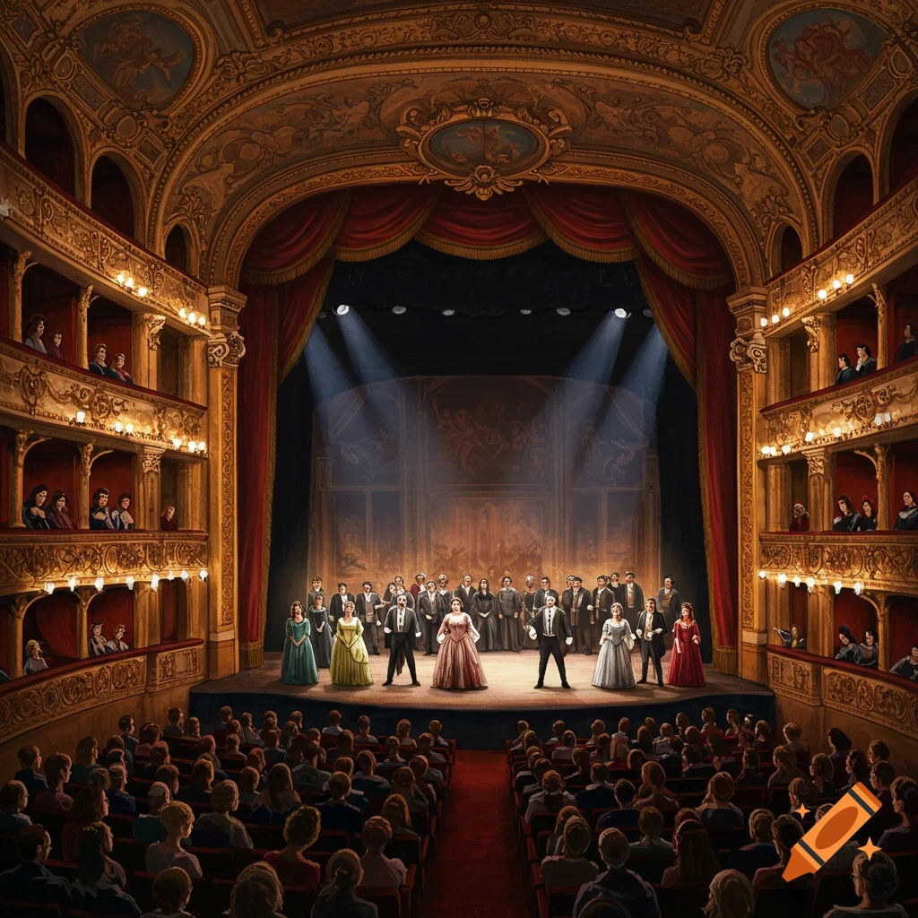 A full theatre stage with actors performing in front of an audience in ornate balconies.