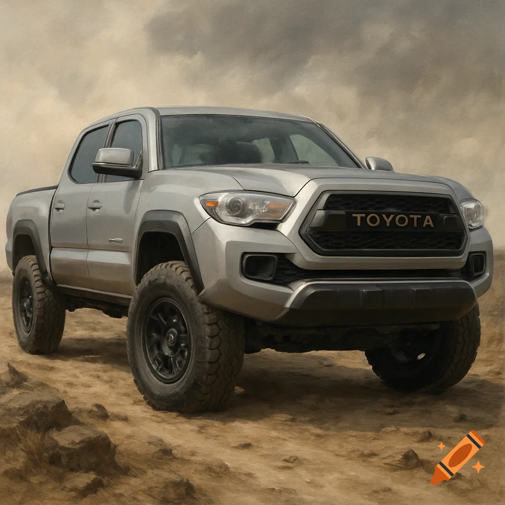 Silver Toyota Tacoma pickup truck on rugged terrain, realistic style
