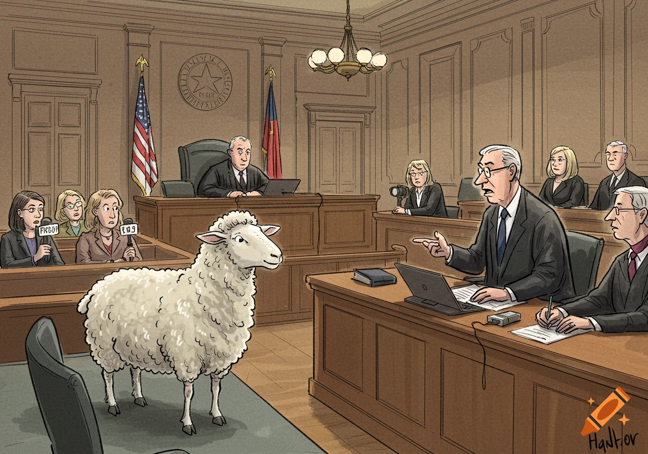 Cartoon sketch of a sheep standing in a courtroom in front of a lawyer.