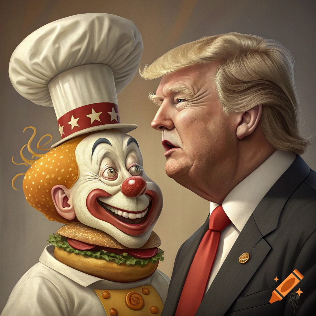 Realistic image of Donald Trump looking at a clown character wearing a chef hat and hamburger collar.