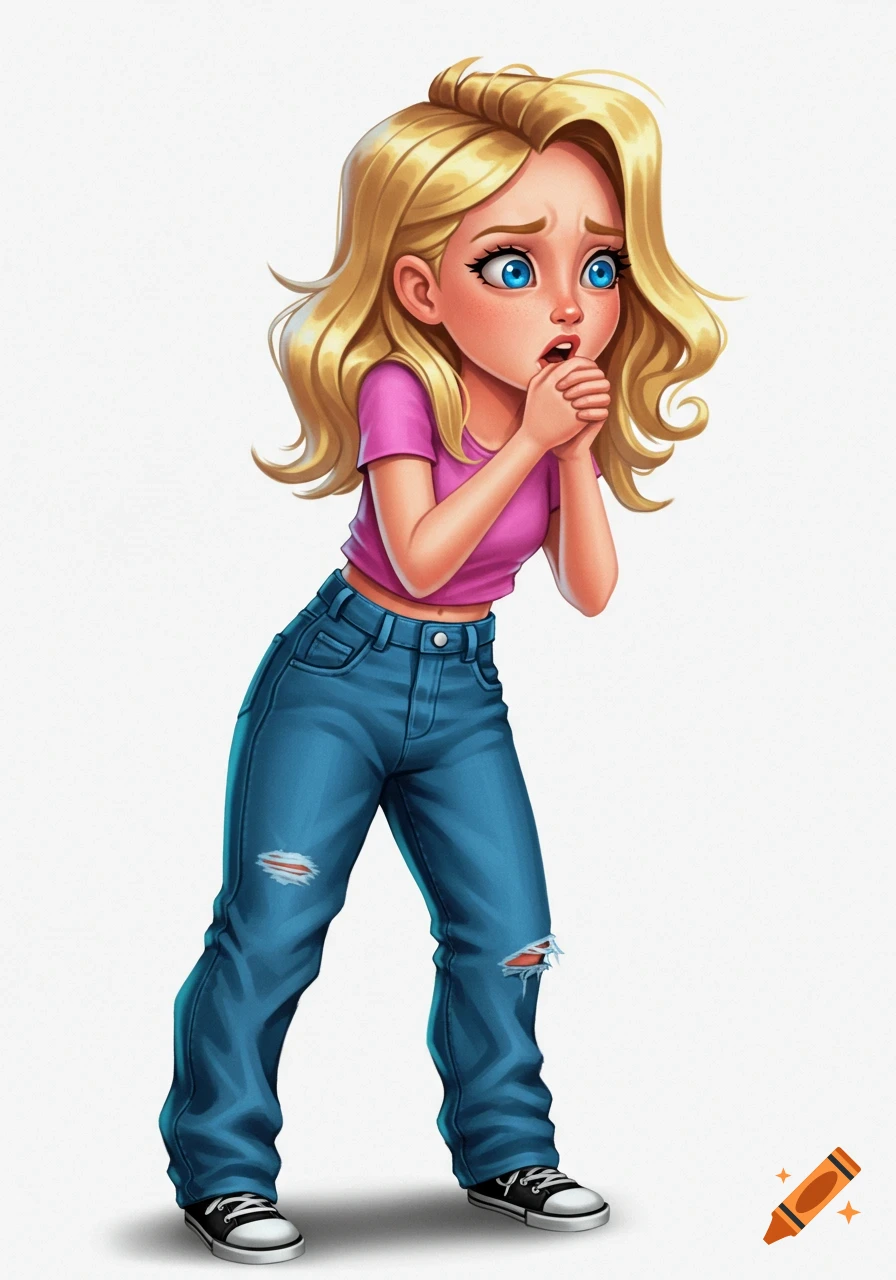 Cartoon blonde girl with blue eyes looking scared, hands covering her mouth, wearing ripped jeans and a pink shirt.