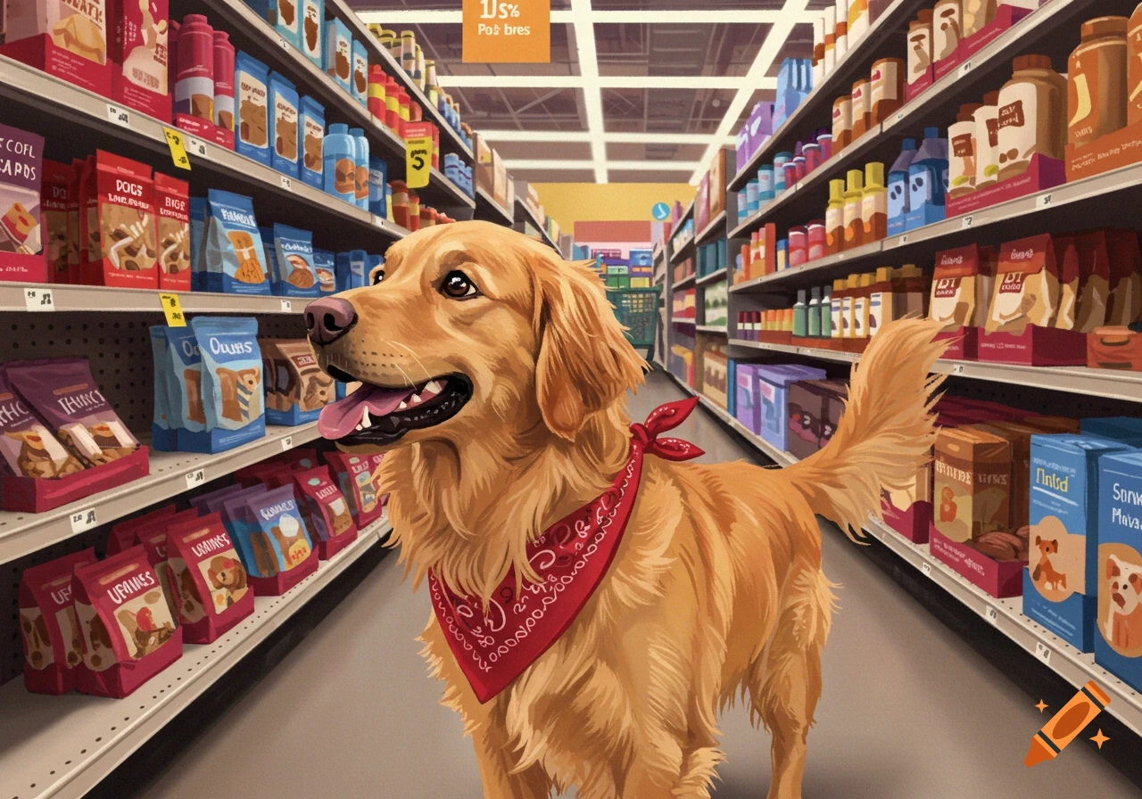 A Golden Retriever stands in a supermarket aisle near shelves stocked with products.
