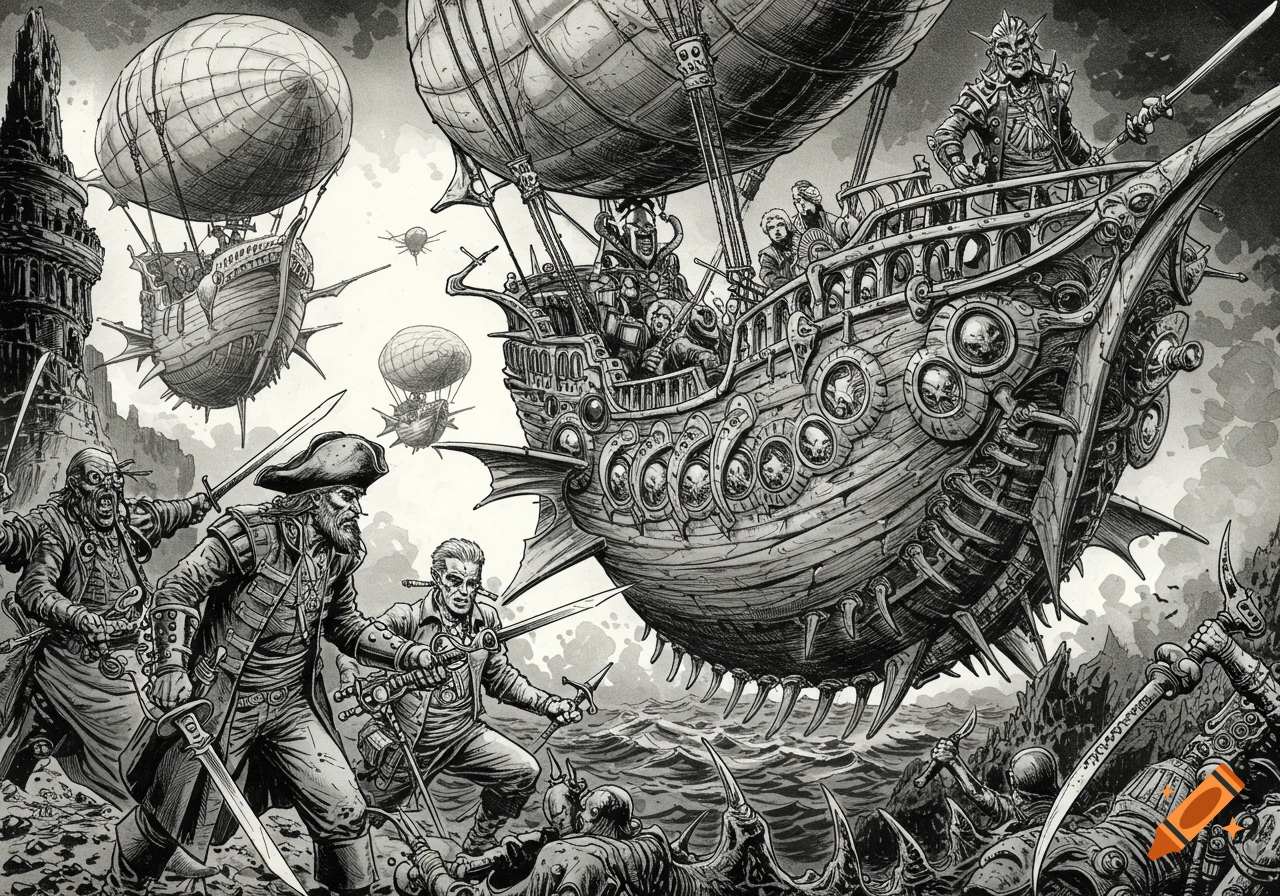 Black and white illustration of steampunk airship pirates battling ground forces and strange machines in a dark fantasy style.