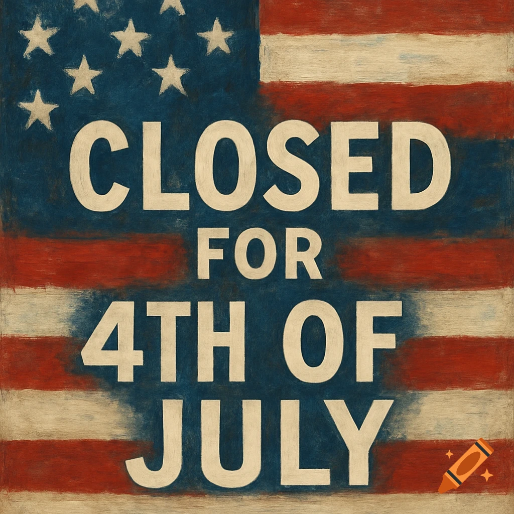 American flag with text 'CLOSED FOR 4TH OF JULY' in a painted style.