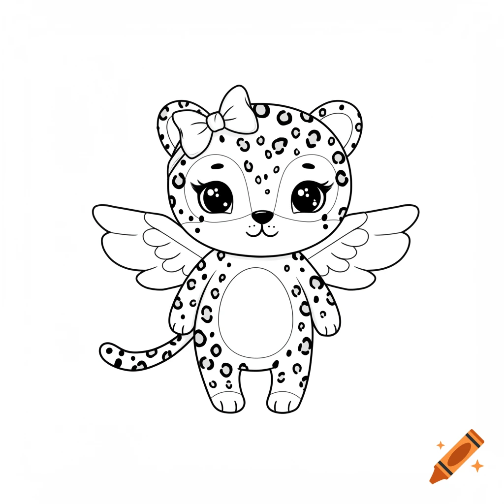 Cartoon leopard cub with wings and a bow, line drawing for coloring