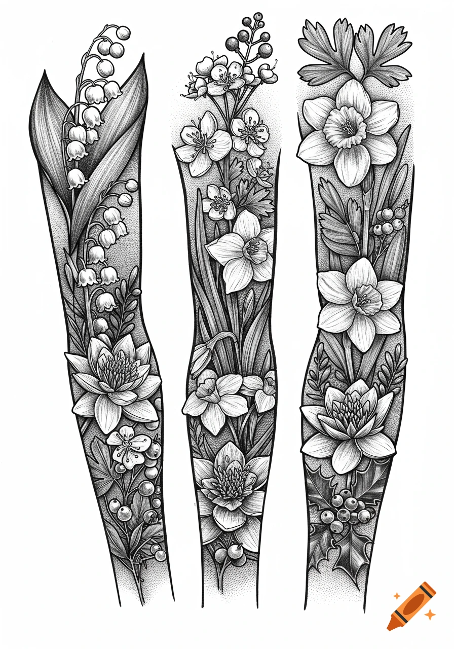 Three black and white floral tattoo sleeve designs with flowers and berries, dot shading