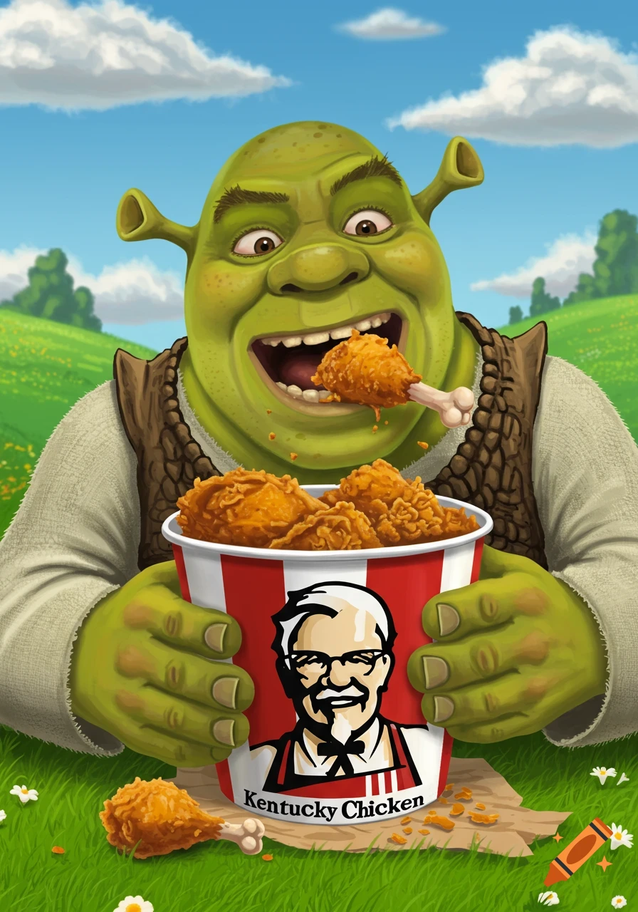 Shrek eats fried chicken from a KFC bucket in a field, illustration.