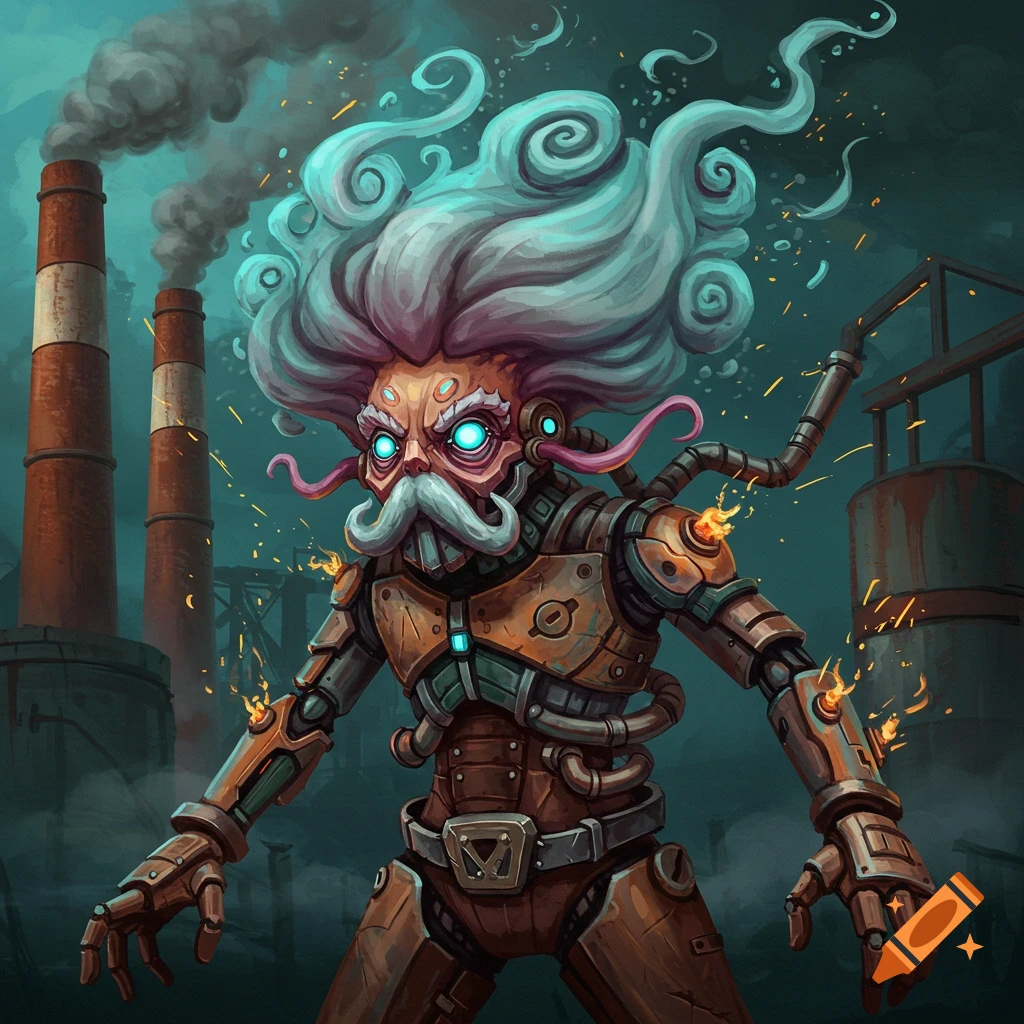 A fantastical steampunk robot creature with swirling hair and glowing eyes stands before smoking industrial chimneys.