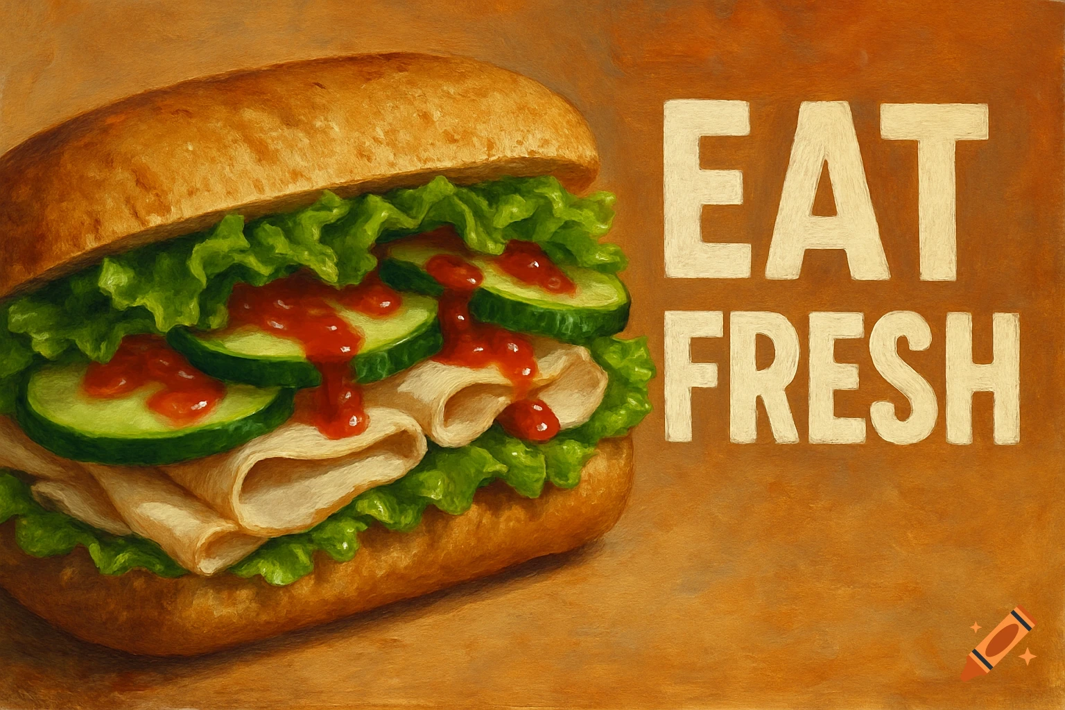 Painted image of a subway sandwich with lettuce, cucumber, turkey, and sauce next to the text 'EAT FRESH'.