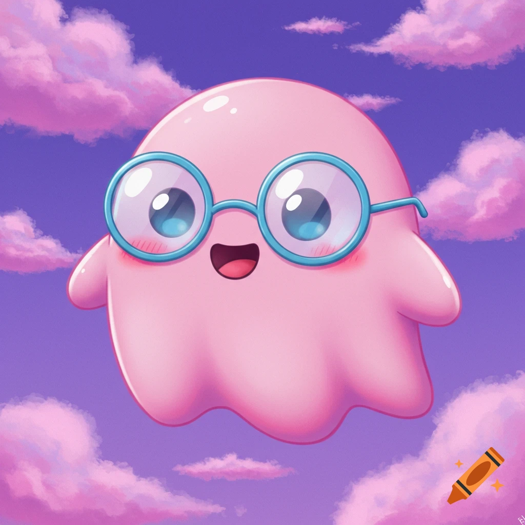 A cute pink ghost with blue glasses floats in a purple sky with pink clouds.