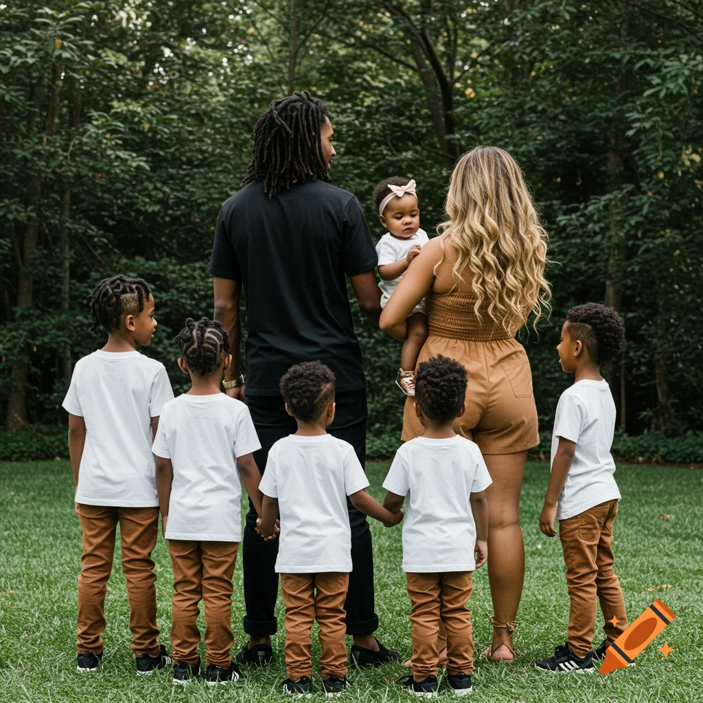 A family of six stands in a grassy park area, facing away from the camera.