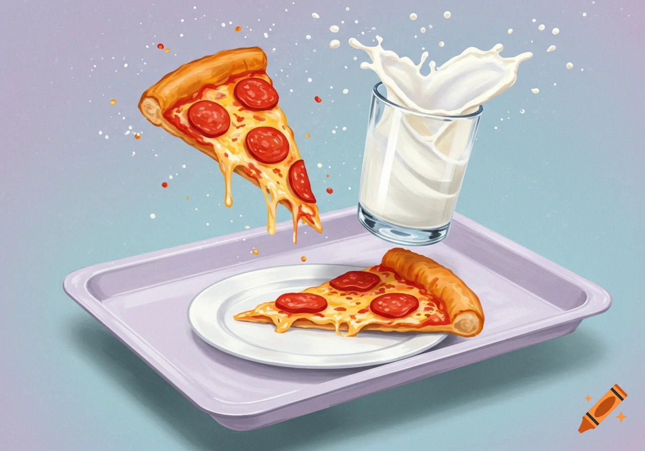 Illustrated pepperoni pizza slices and splashing milk above a lunch tray.