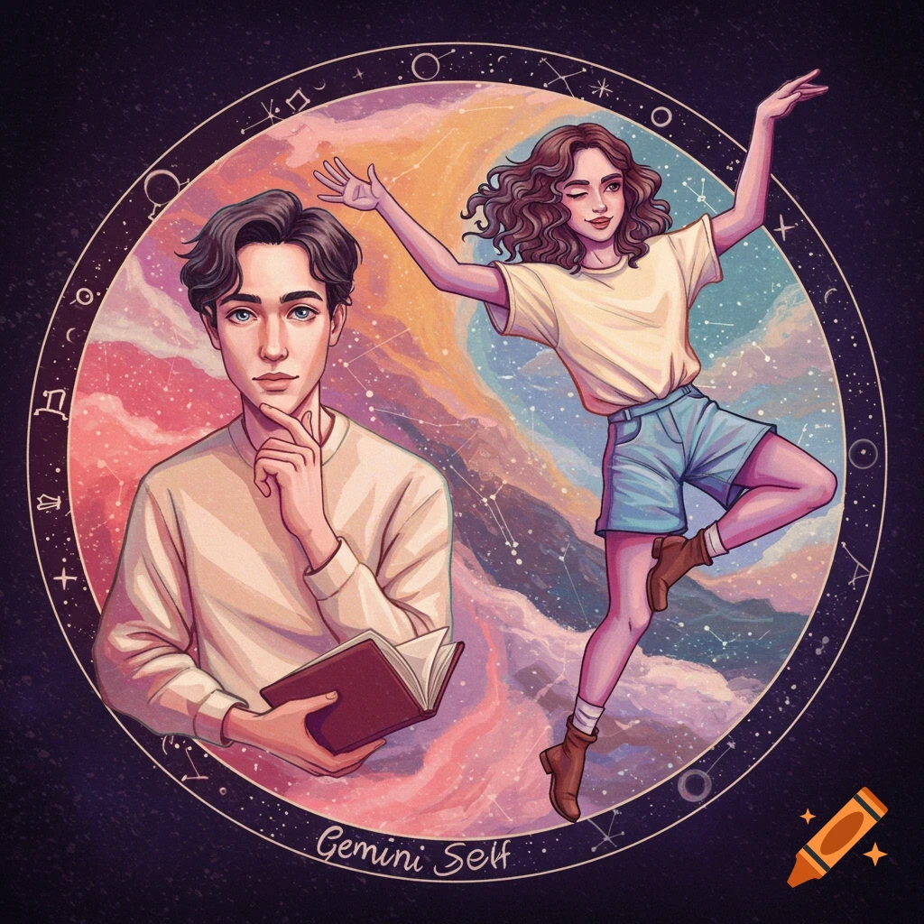 Stylized illustration of a man reading and a woman dancing within a celestial circle with zodiac symbols and colorful sky. Text "Gemini Self" at bottom.