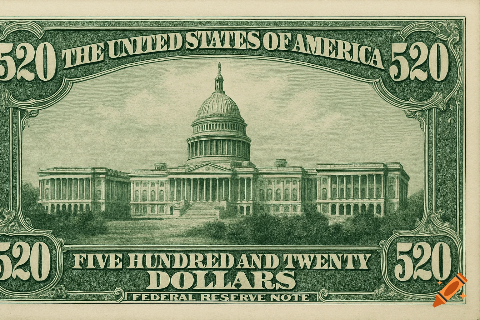 A stylized five hundred and twenty dollar bill featuring the United States Capitol building in an engraved style.