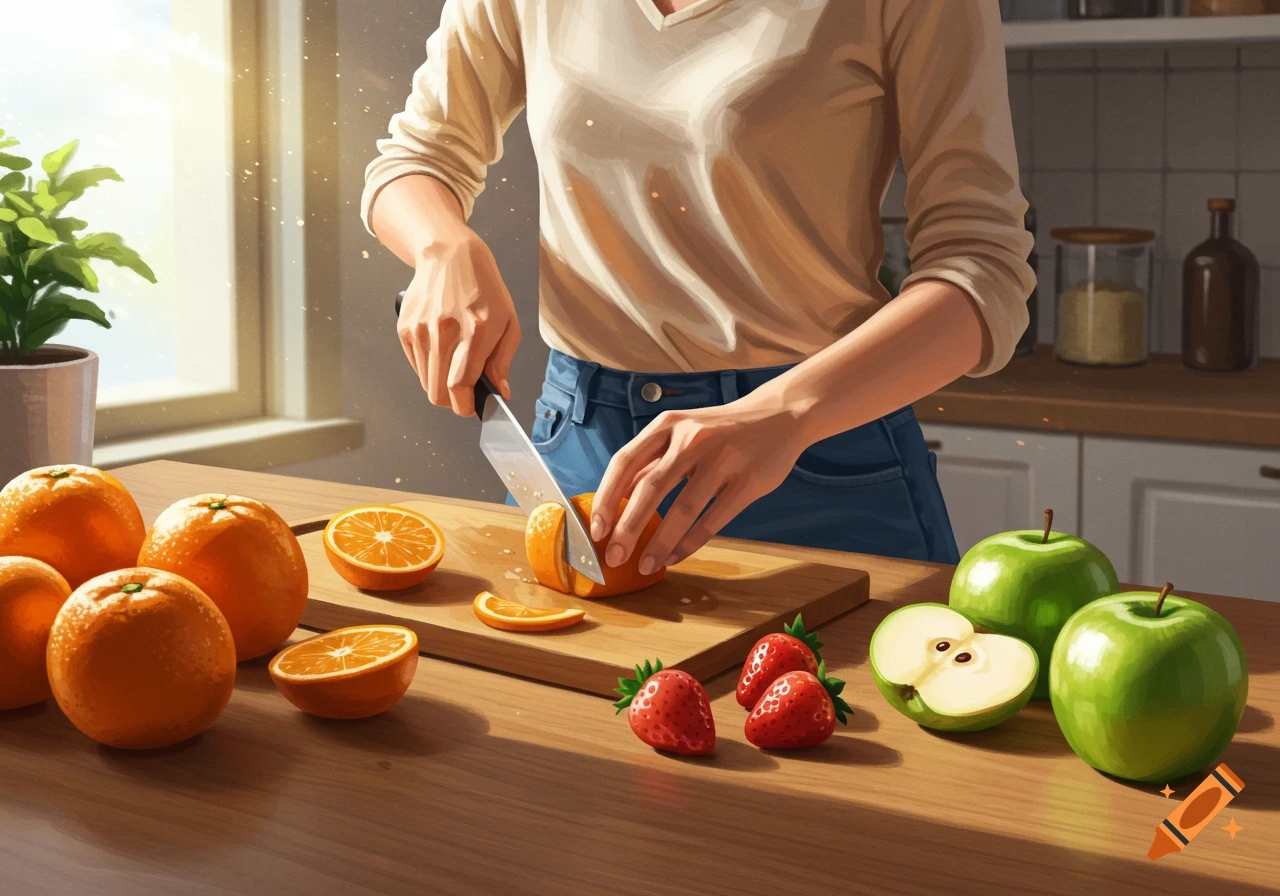 Person cutting an orange on a cutting board in a kitchen with apples and strawberries. Stylized illustration.