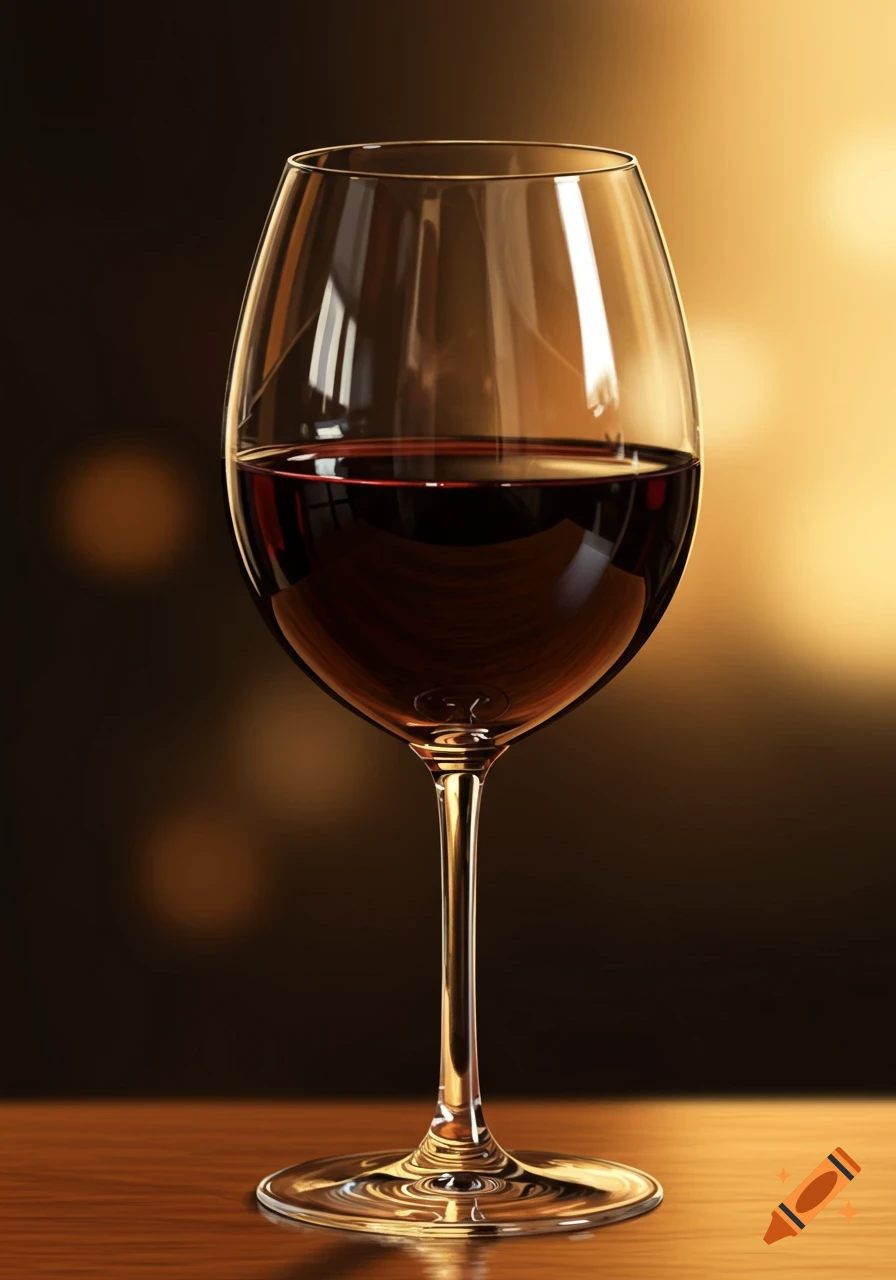 Photorealistic image of a glass of red wine on a wooden table with a blurry golden background.