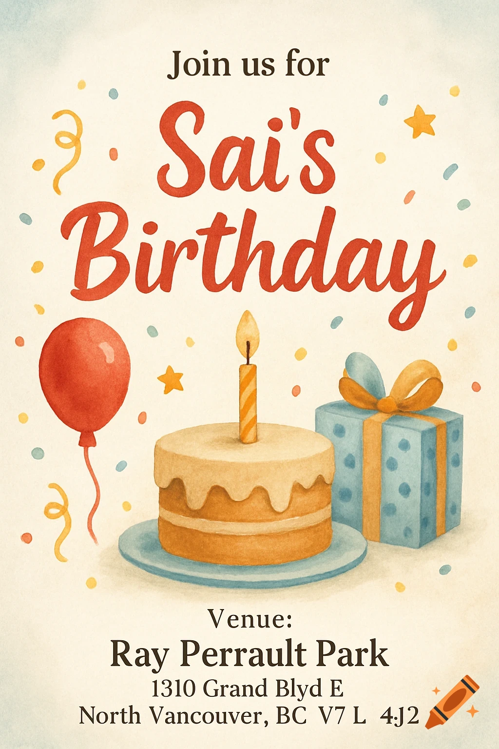 A watercolor illustration of a birthday invitation with text, a cake, balloon, and gift.