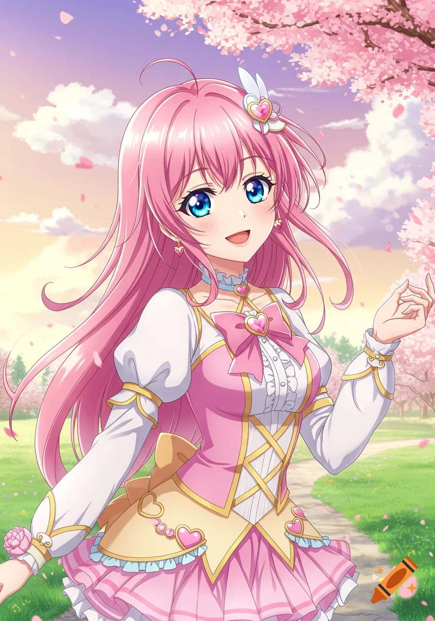 An anime girl with pink hair and blue eyes stands near a cherry blossom tree.