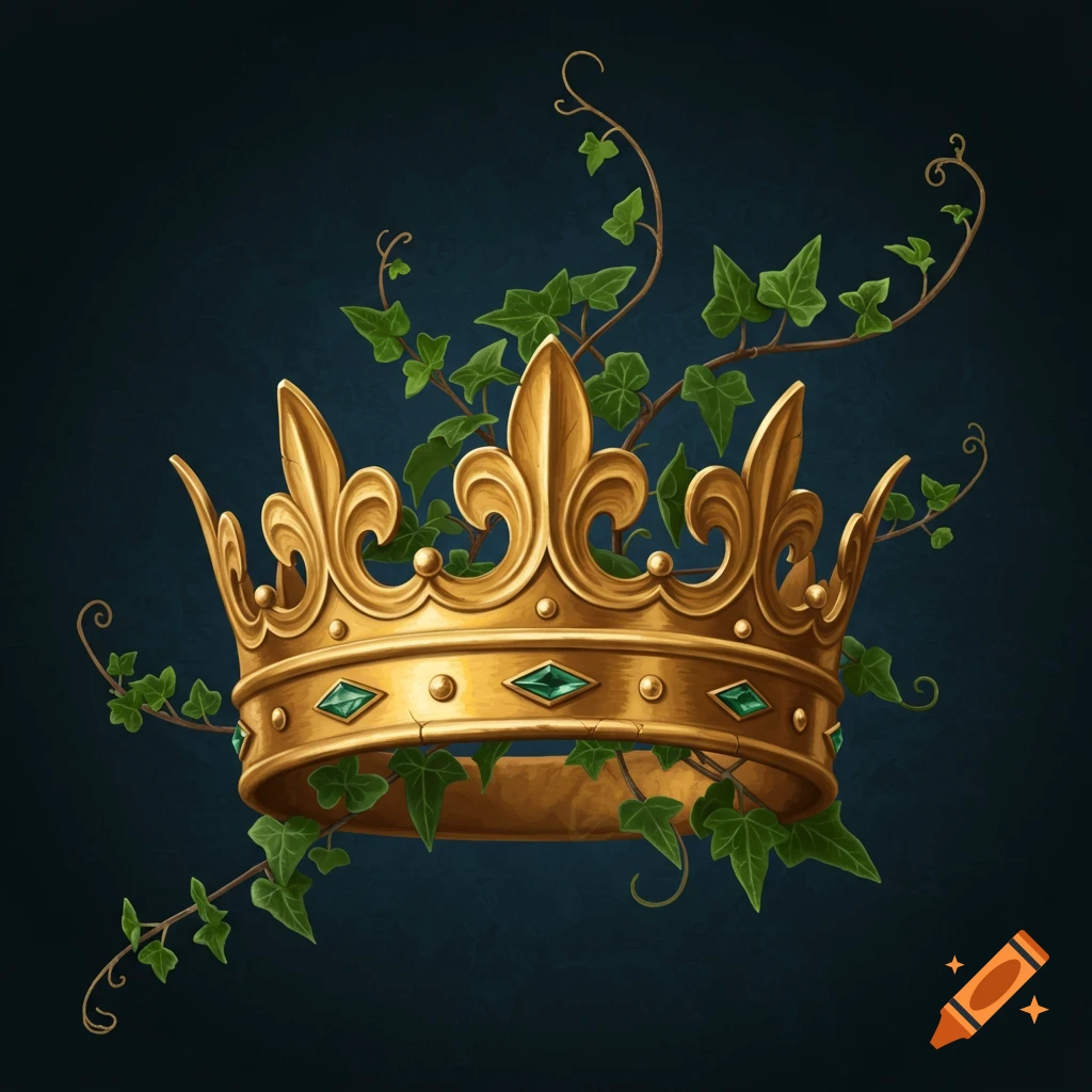 Golden crown intertwined with green ivy on a dark background.