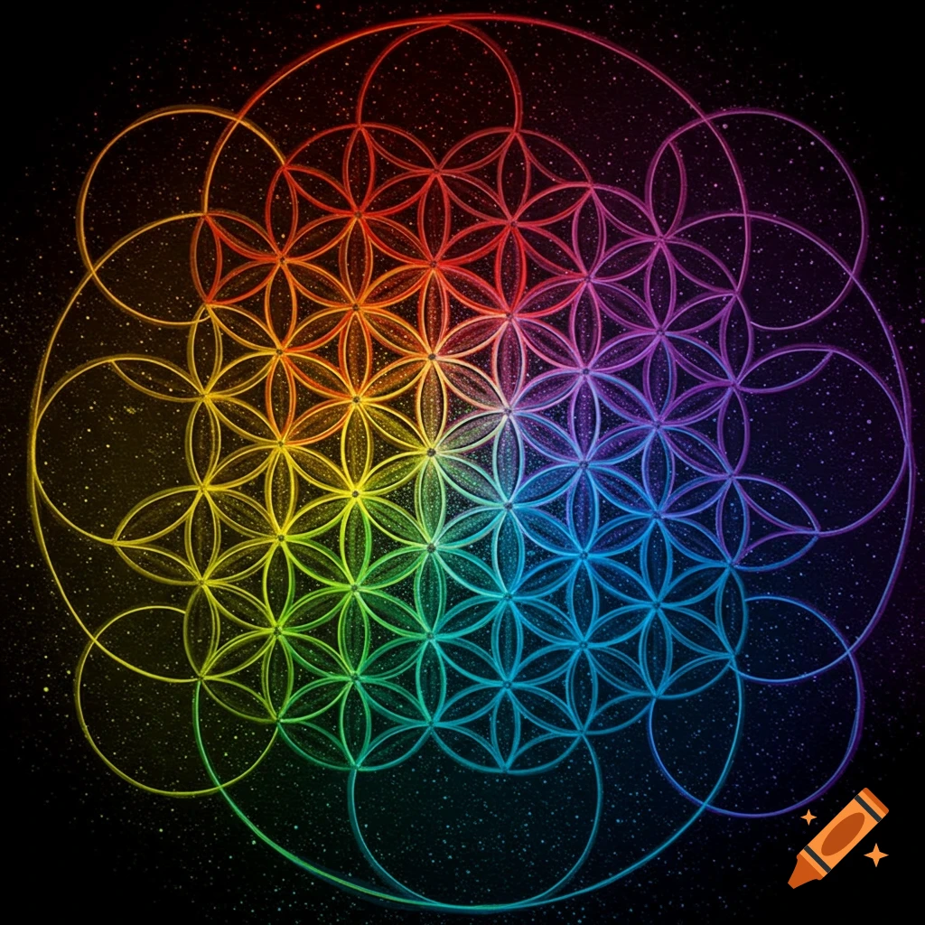 Rainbow colored geometric pattern resembling the Seed of Life on a starry background.