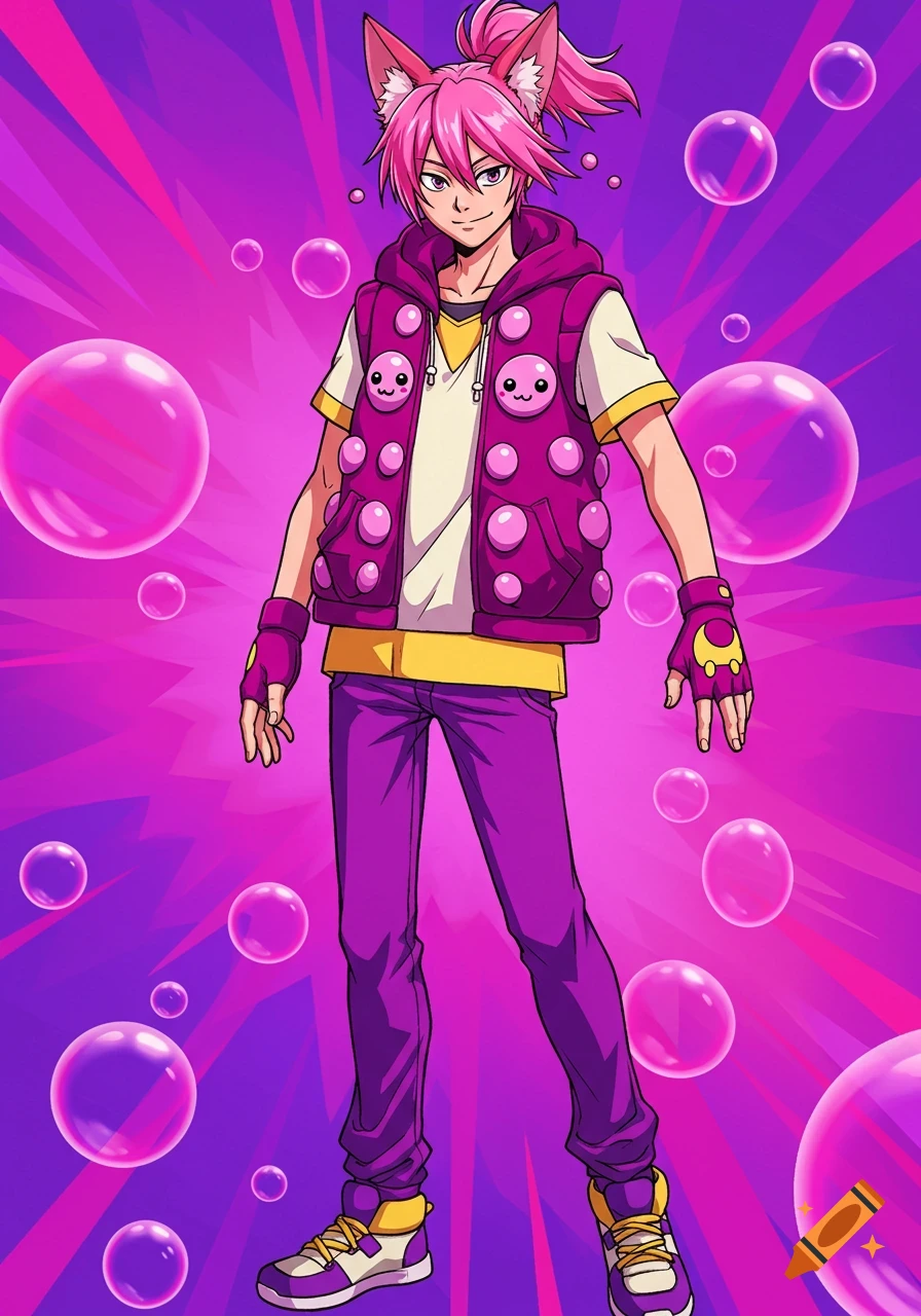 Anime boy with pink hair, cat ears, and bubbly vest in a purple background with bubbles.