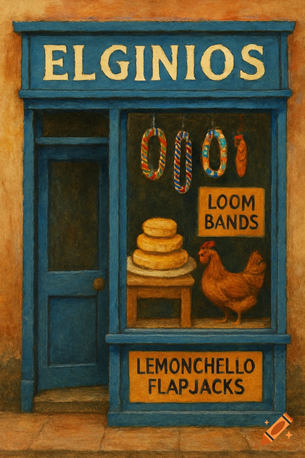 Painting of a blue shopfront with signs reading "ELGINIOS", "LEMONCHELLO FLAPJACKS", and "LOOM BANDS", featuring stacked flapjacks and a chicken in the window.