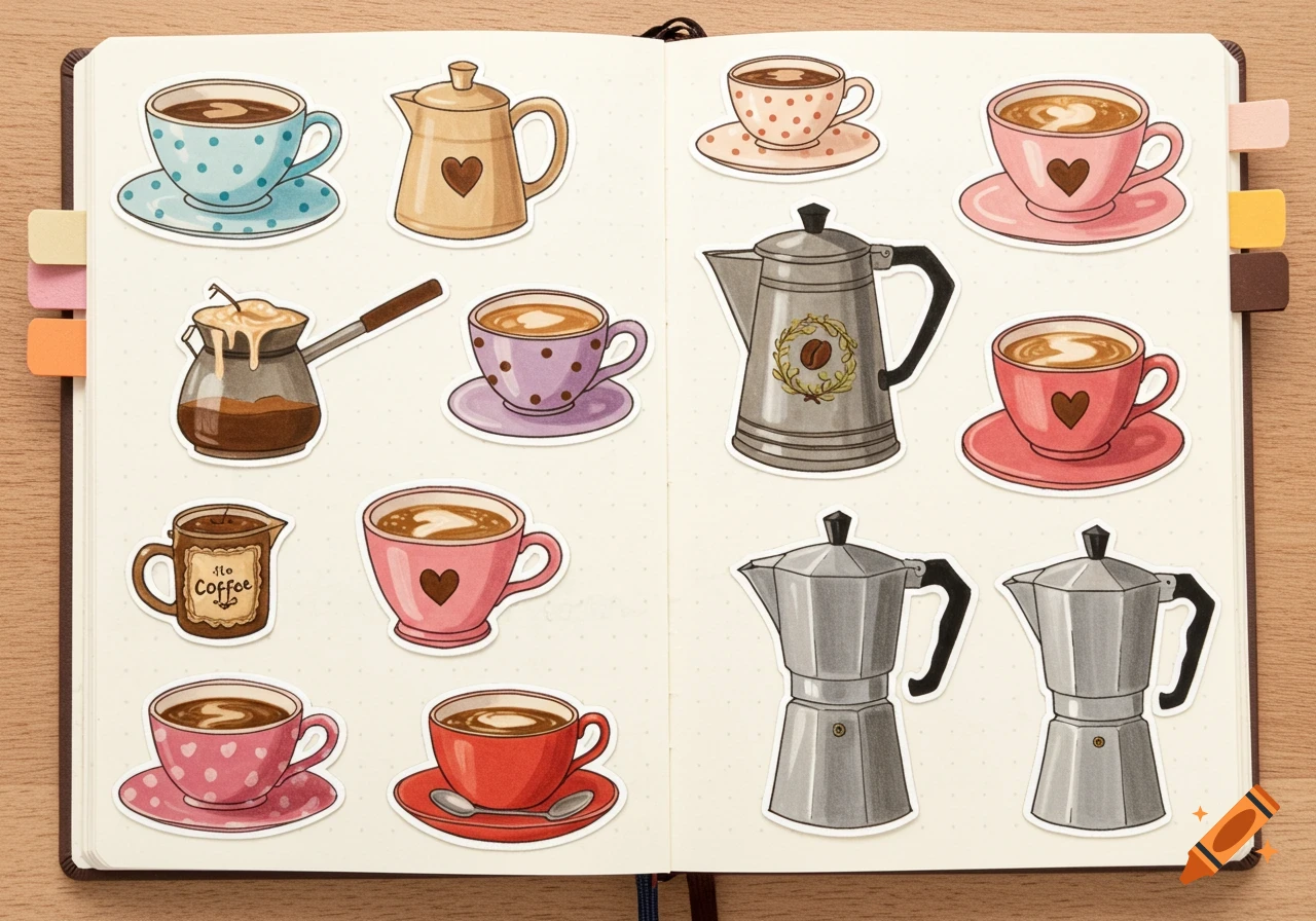 Illustrations of various coffee cups and pots arranged as stickers on an open notebook.