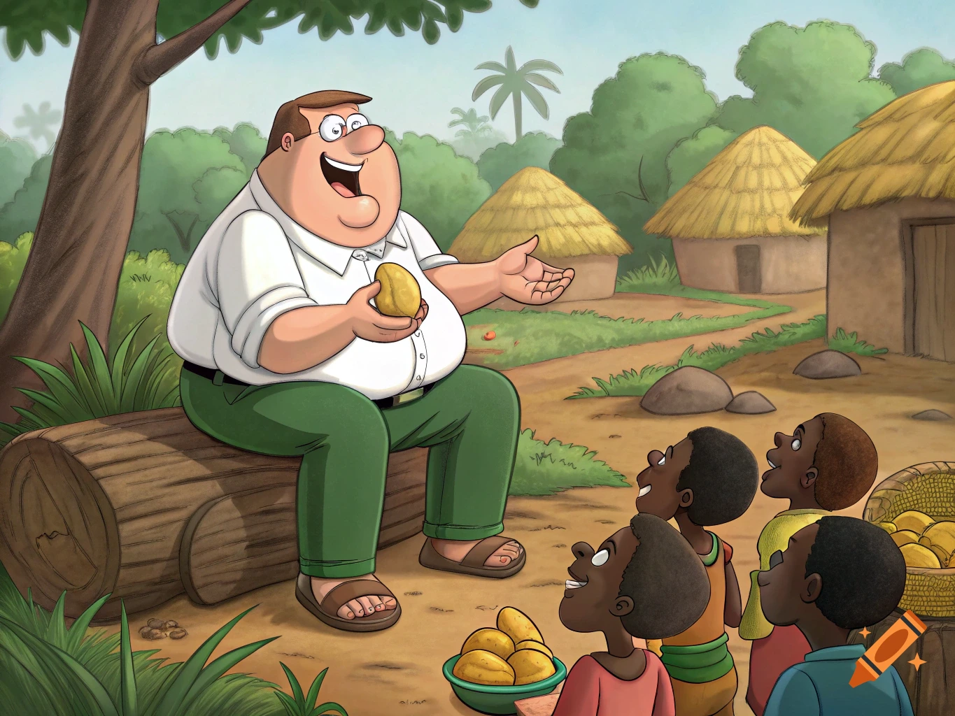Peter Griffin sits on a log giving mangoes to villagers in an African village, cartoon style.